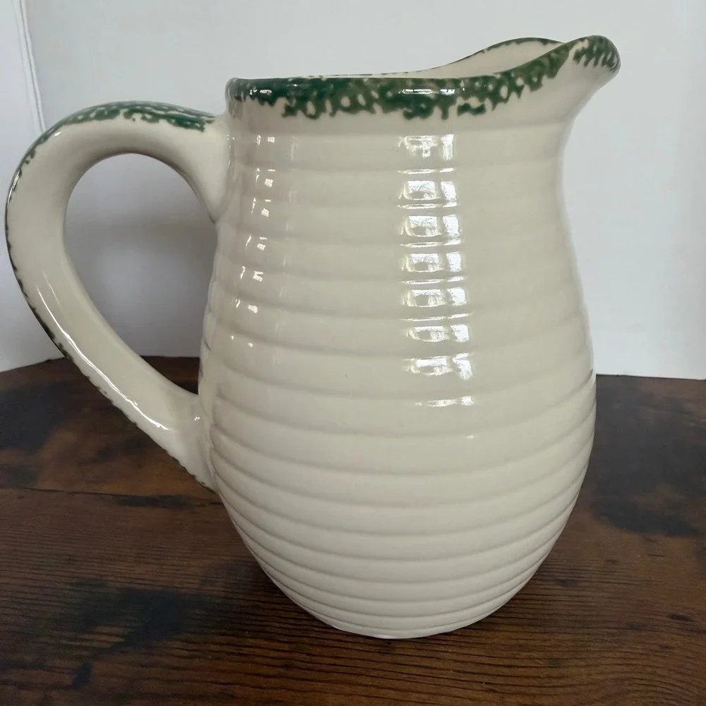 Alco Industries Apple Ceramic Pitcher Cream Green Farmhouse Stoneware Cottage